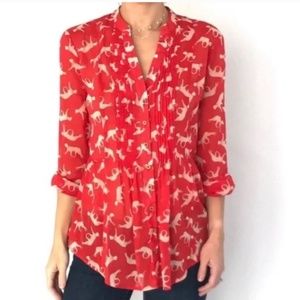 Maeve Anthropologie Red Orange Cat Long Sleeve pintuck blouse,  12